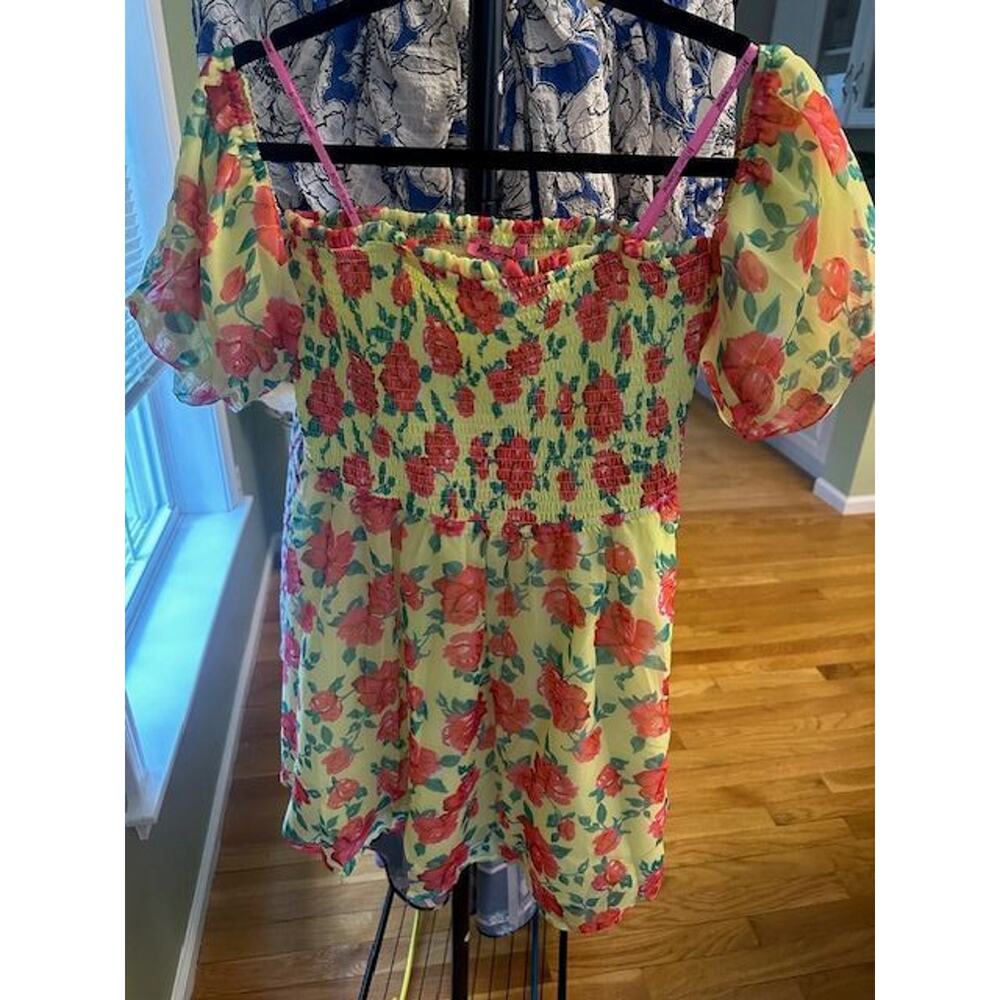 Betsey Johnson Smocked Waist Puff Sleeve Floral Babydoll Dress Medium Whimsy NWT